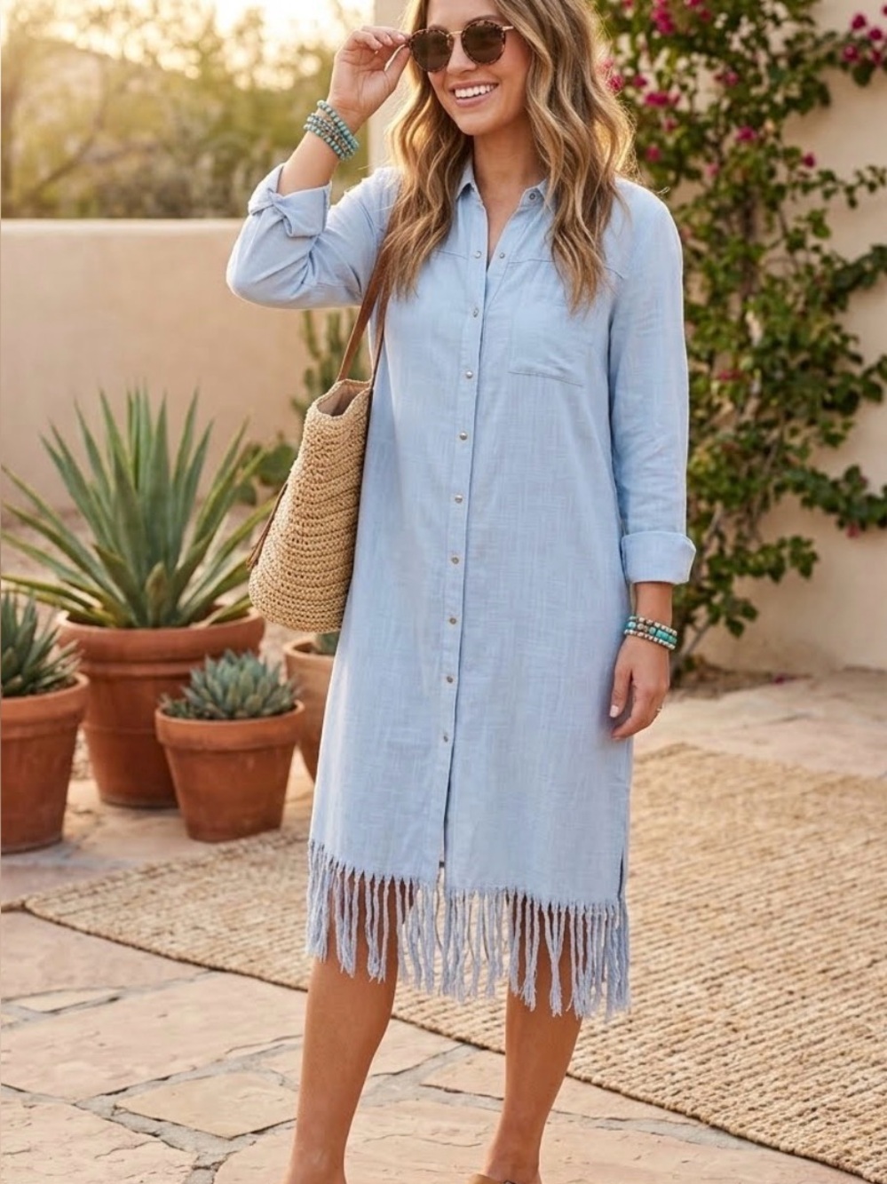 Light Blue Fringe Hem Midi Shirt Dress